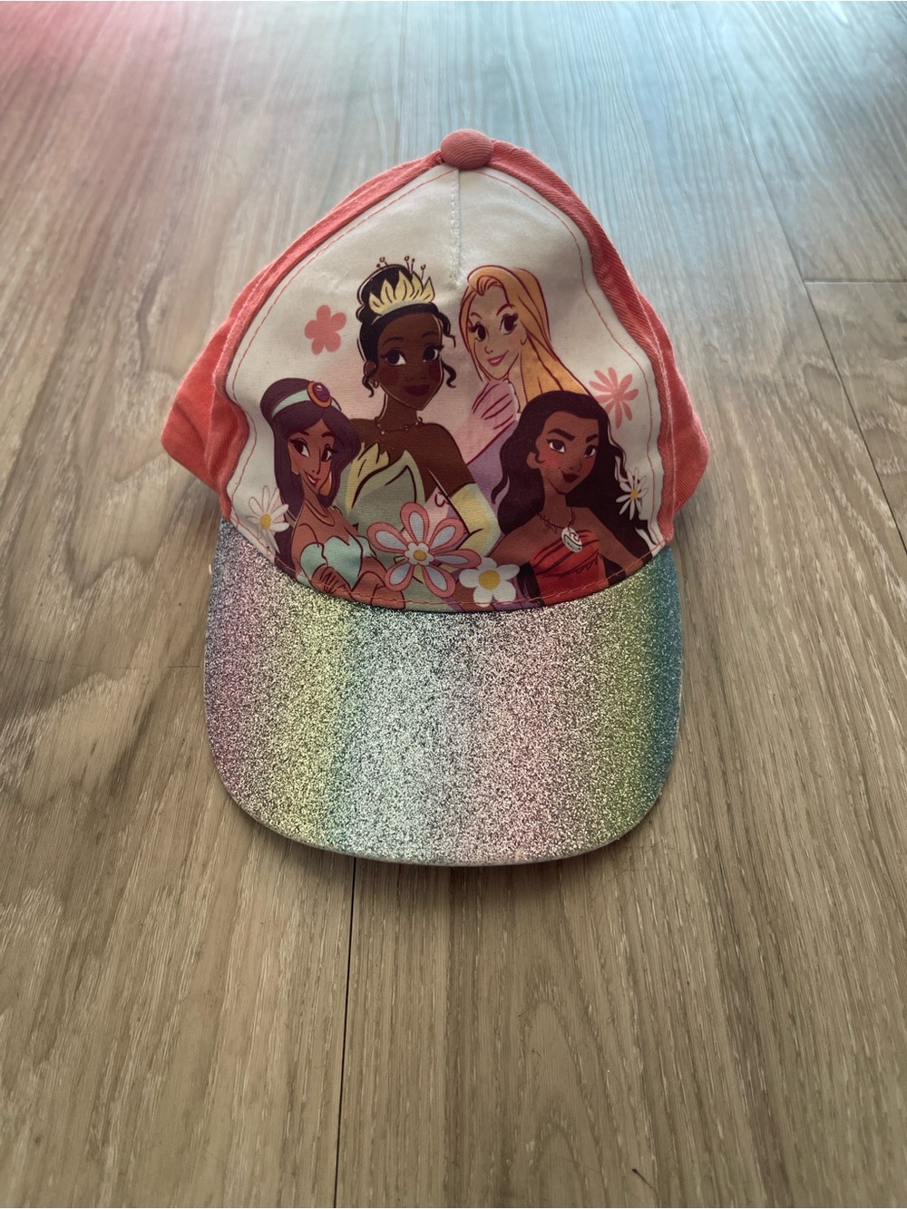 Disney Girls Coral Pink Princess Glitter Rainbow Brim Cap